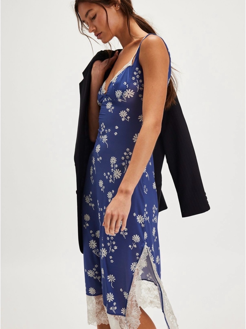 Free People Party Crasher Midi Slip Dress with White Lace Trim